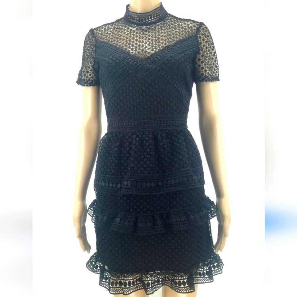$240 Aqua Black mini dress Dotted Lace Mock Neck Tiered A-Line Size M